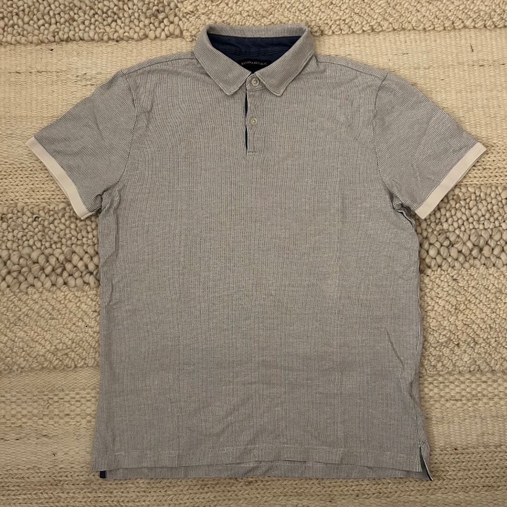 Banana Republic Standard Fit Polo - Medium, Blue/White Pattern with Navy Placket